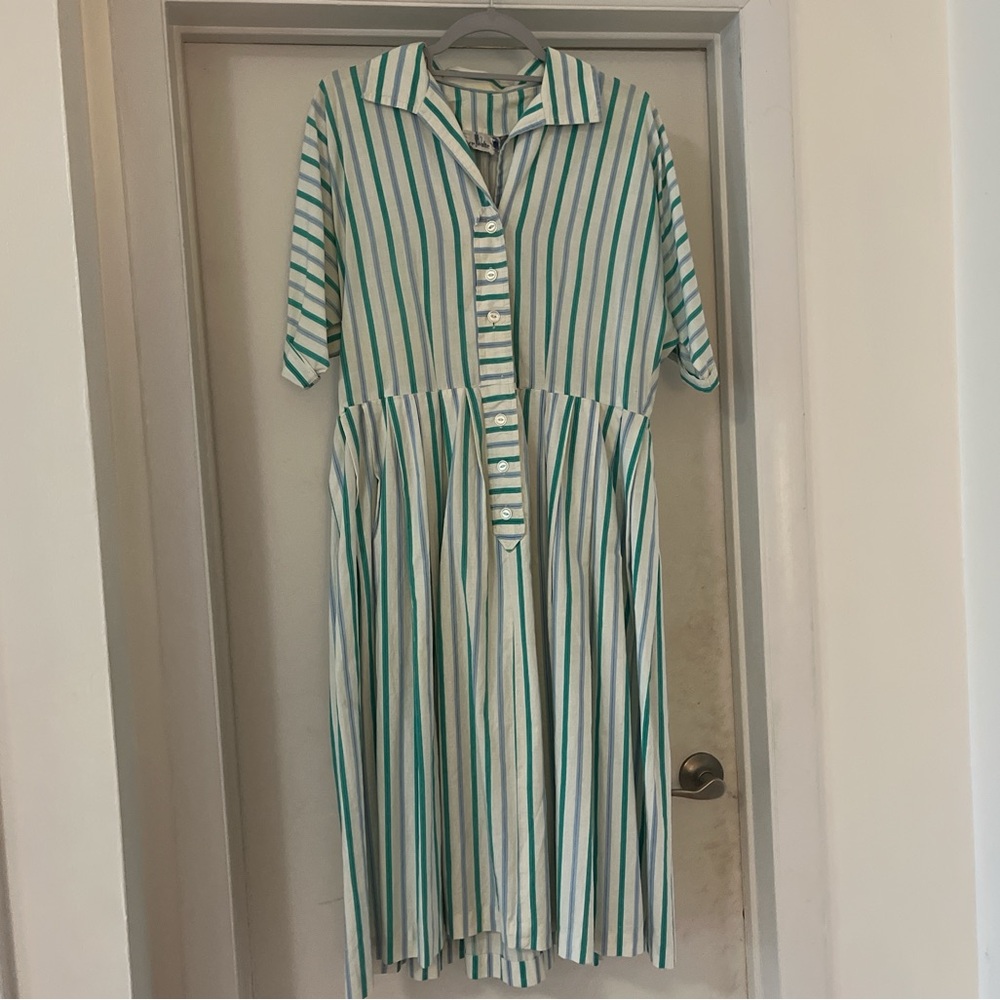 Green and blue striped vintage shirt dress